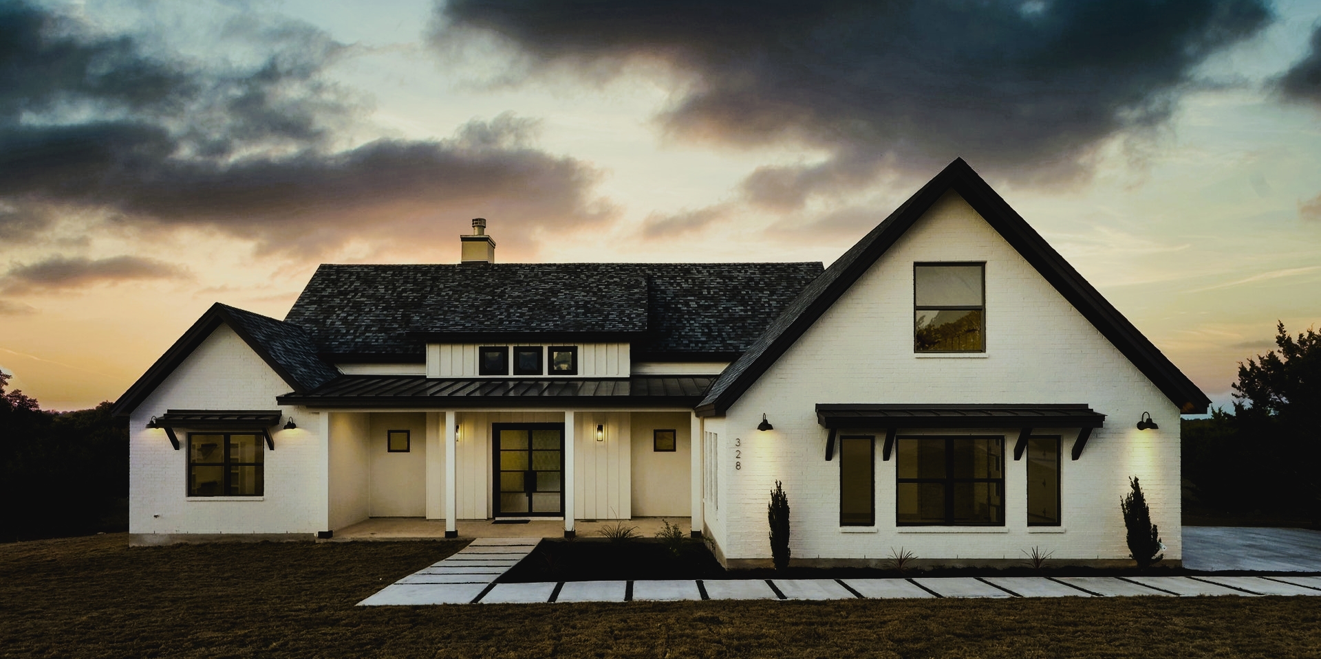 328 First Down Dash — modern farmhouse at twilight